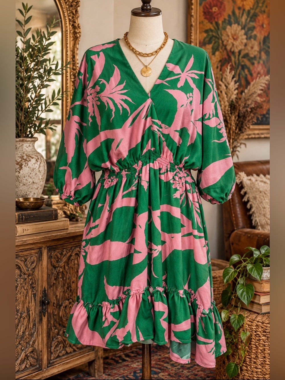 Taylor - Size 20W - Green and Pink Tropucal Floral Midi - Ruffled Dress